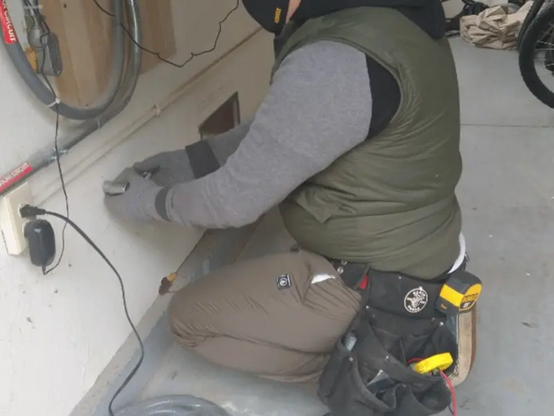 Electrician performing outlet wiring in a Steamboat Springs garage